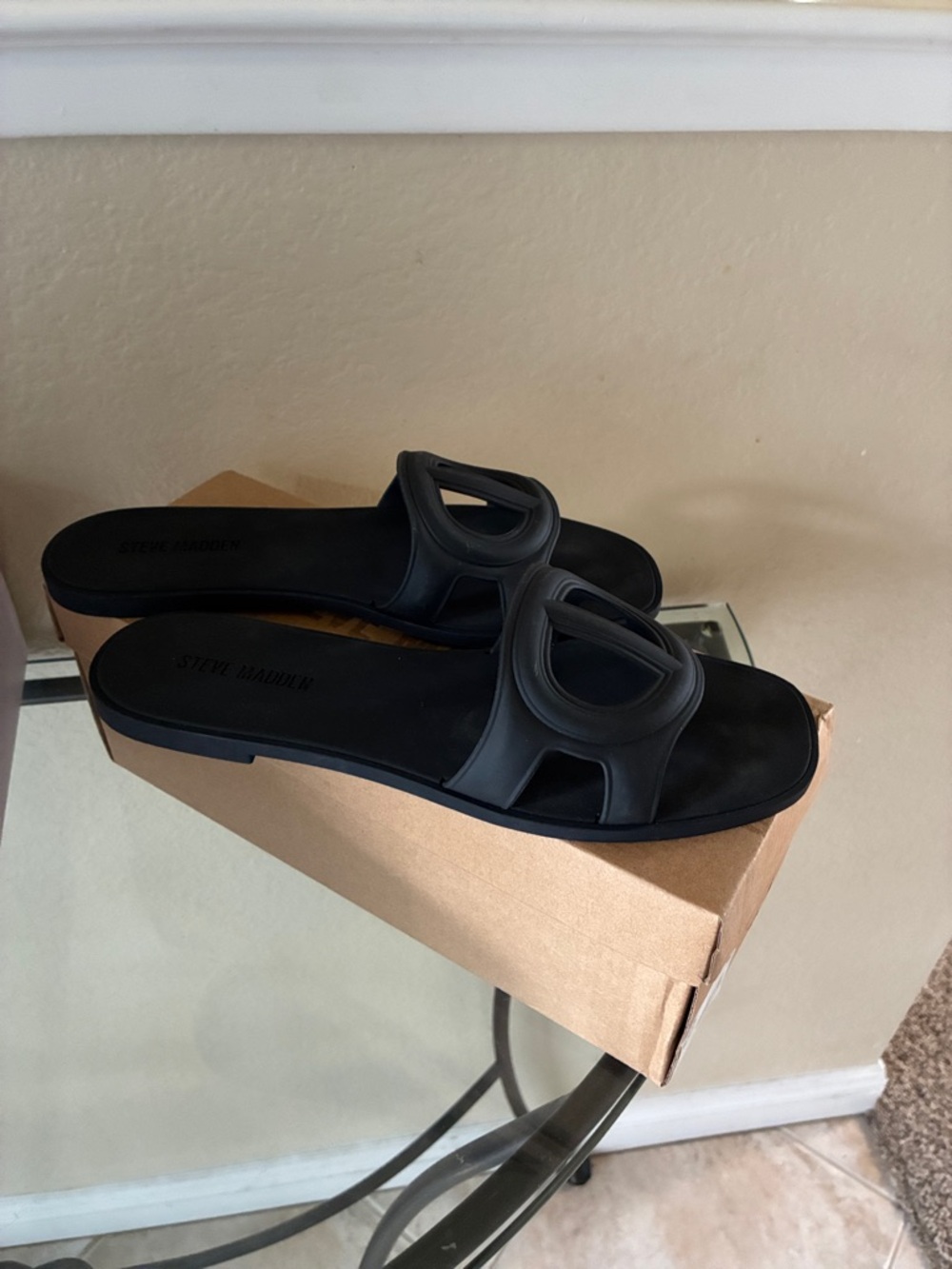 Steve Madden Matte Black Slide Jellie Sandals with Cutout Strap